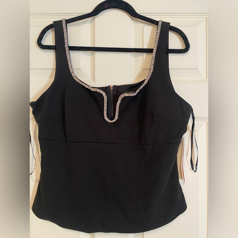 Aqua Black Tank Top with Embellished Neckline